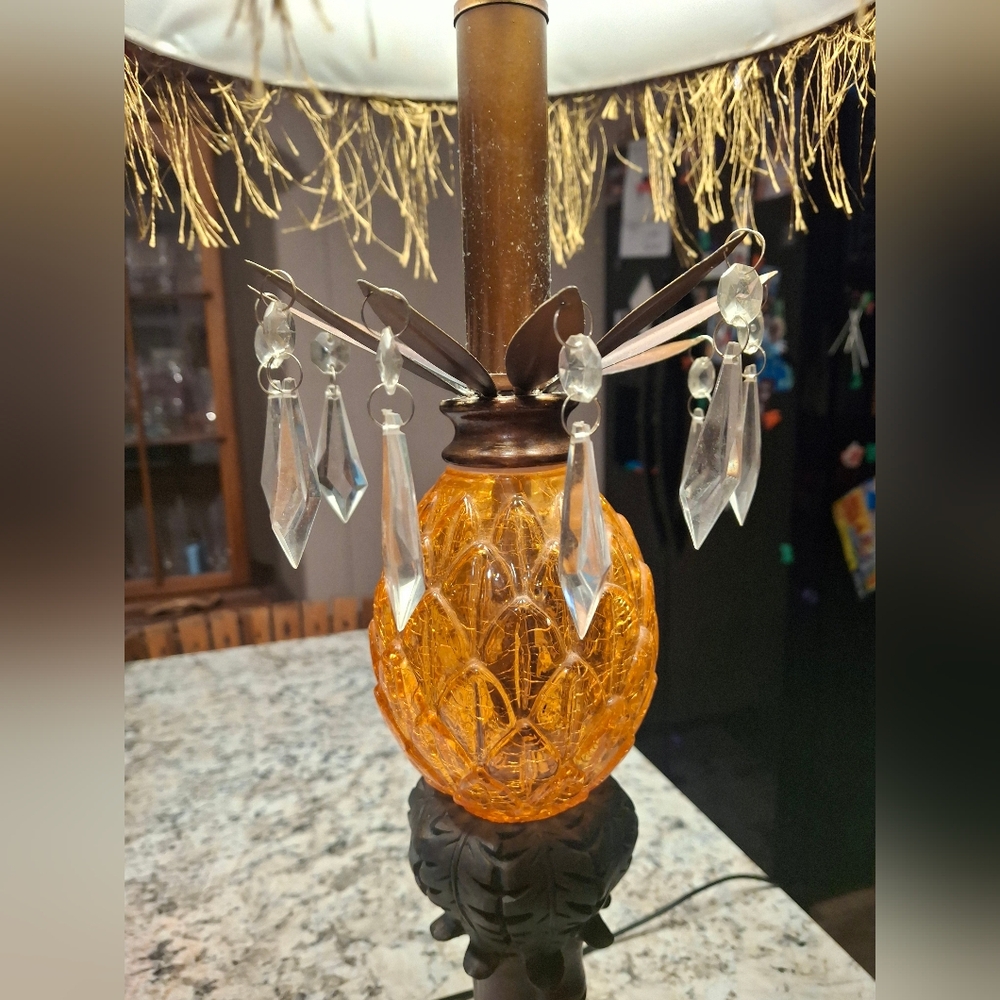 Vintage Orange Glass Table Lamp with Crystal Accents